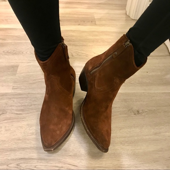 Frye Sacha Short Brown Suede Cowboy Ankle Bootie - Picture 5 of 14